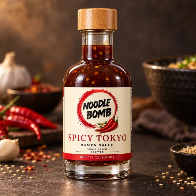 NoodleBomb Spicy ramen sauce bottle with serving props