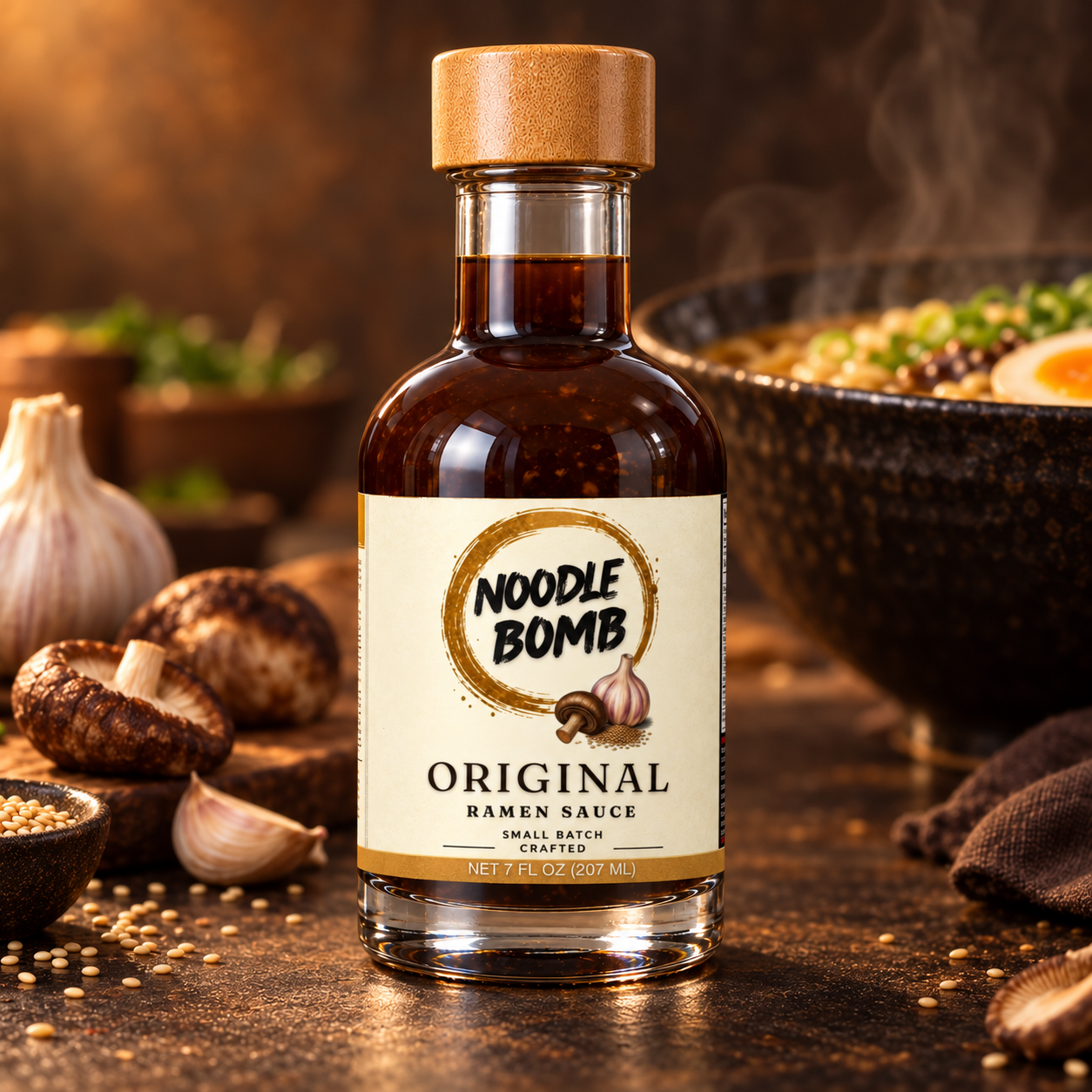 NoodleBomb Original ramen sauce in a warm tabletop scene